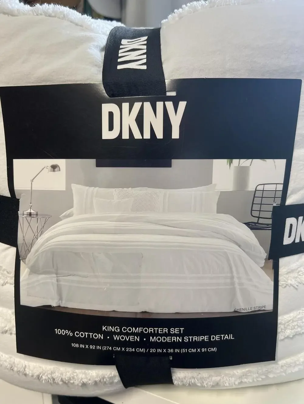 DKNY Chenille Stripe King Comforter Set, White, NWT